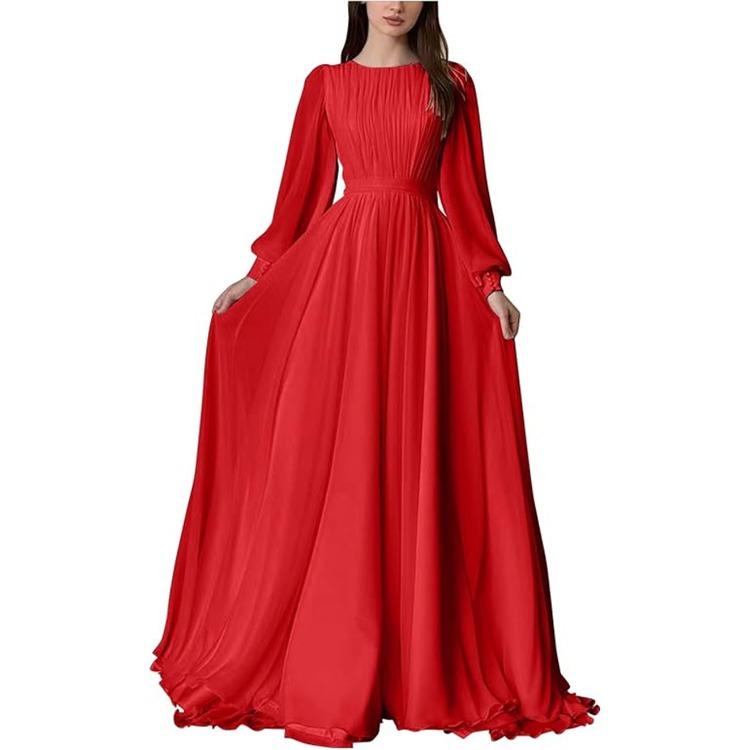 Women White Long Sleeve Pleated Waist Flowy Floor Length Maxi Dress
