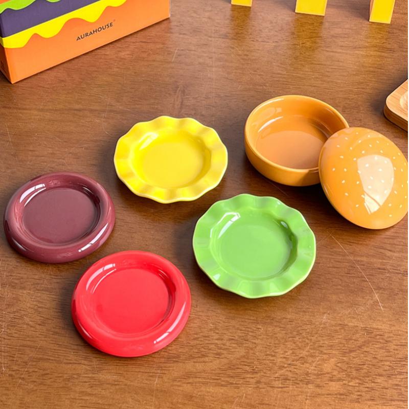 Ceramic Plate Hamburger Shaped Cutlery Set Seasoning Dish Dessert Plate Breakfast Plates Fruit Bowl Dim Sum Dish Snack Tray