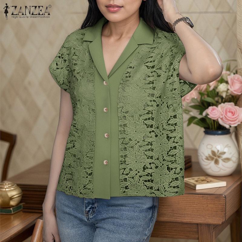 ZANZEA Womens Summer Casual Short Sleeve Hollow Out Lace Cover Up Blouse