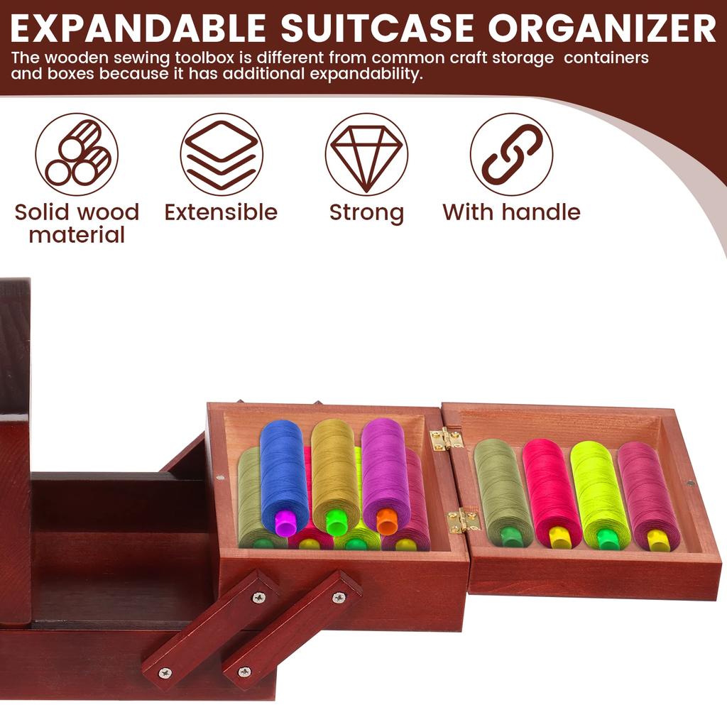 Expandable Sewing Thread Box Wood Vintage Bobbins Empty Sewing Reel Basket with Handle Needle Thread Storage Case DIY Tools