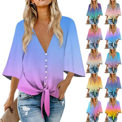 Women's Fashion Tie Button V-Neck Gradient Print 3/4 Sleeve Casual Top