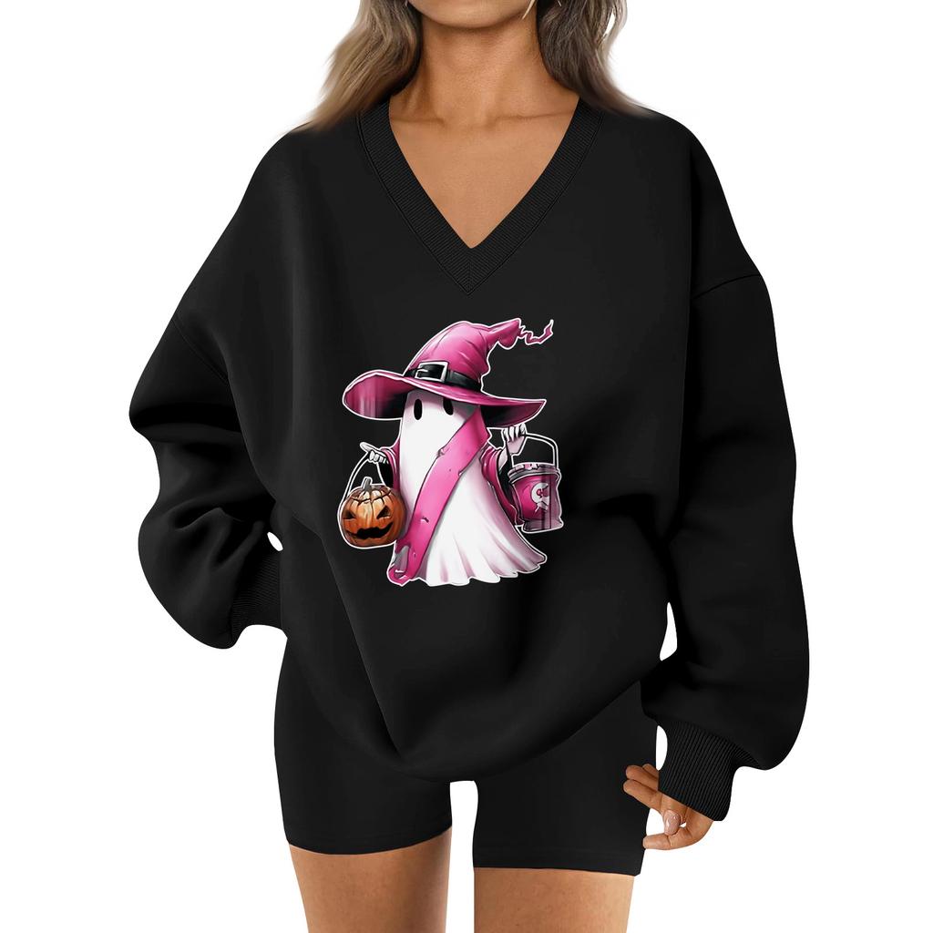 Women's V-neck Dropped Shoulder Halloween Print Sports Sweatshirt Top