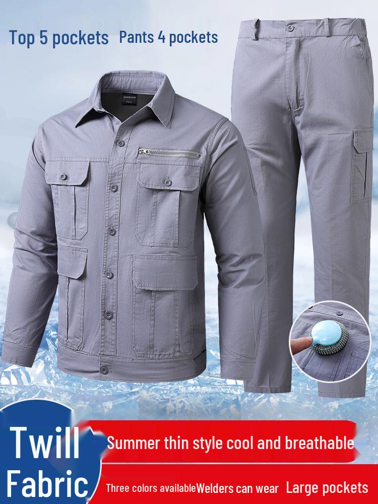 Conjunto de Roupa de Trabalho de Verão para Homem em Sarja de Algodão - Leve, Corte Solto com Design Multibolsos para Soldadores