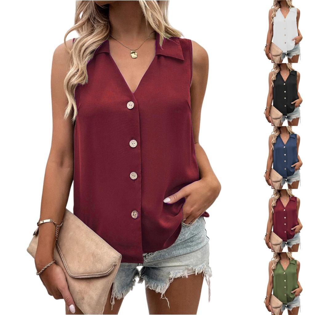Fashionable Women's V-neck Loose Chiffon Shirt Sleevelessbutton Shirt