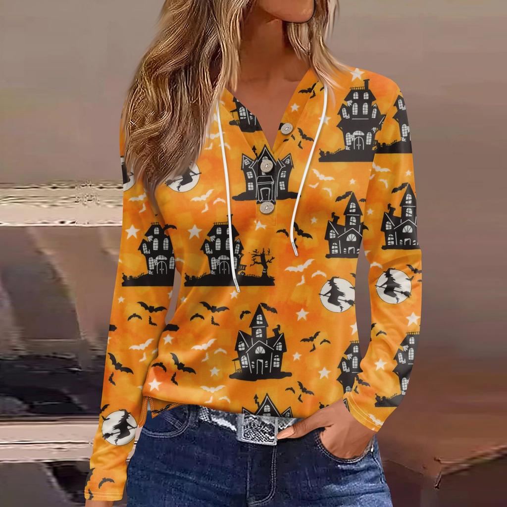 Damska Moda Casual Halloween Nadrukowana Bluza z Kapturem Ozdobny Guzik Koszulka z Długim Rękawem