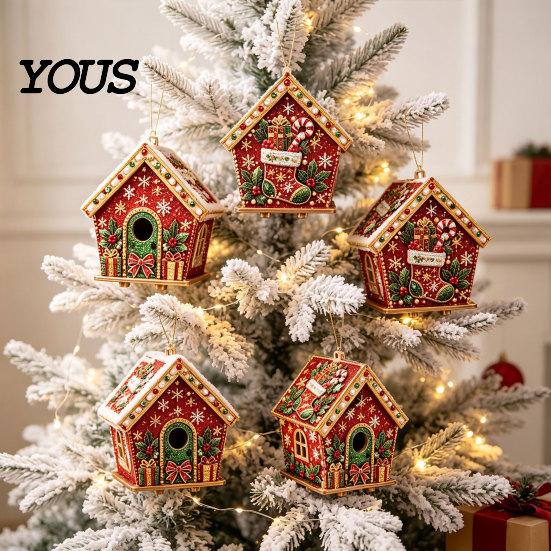 DIY Faux Pearl Bead Craft Set Christmas Art Ornament Kit, Wooden House Snowman Holiday Hanging Decoration Supplies Santa Reindeer Pattern, Handmade