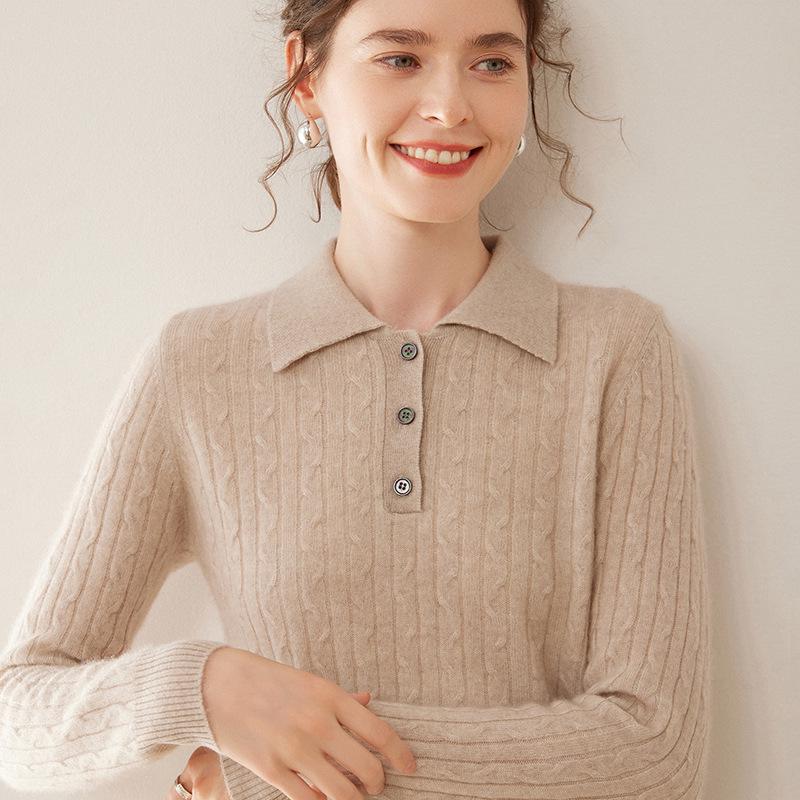 Women's Slim Fit Cable Knit Cashmere Polo Neck Sweater - Autumn/Winter New Style