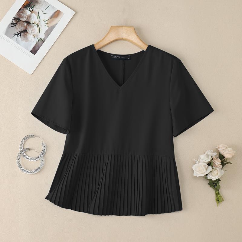 ZANZEA Women Casual V-Neck Solid Color Loose Short Sleeve Blouse
