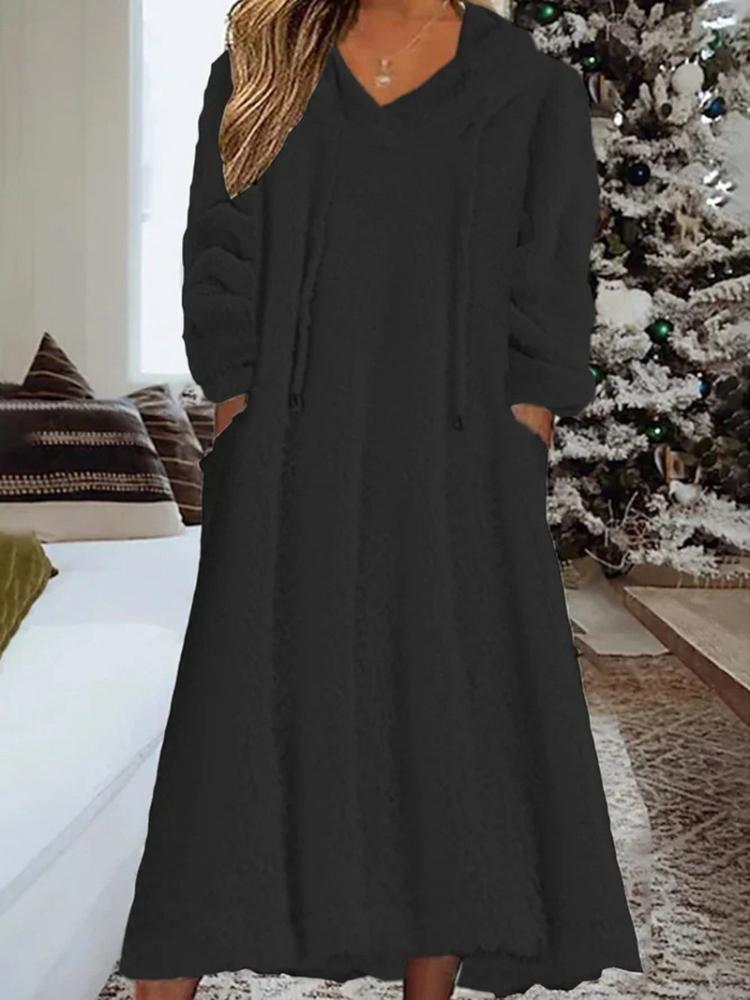 Women's Long Sleeve Round Neck Casual Loose Warm Hooded Fleece Sweater Midi Dress