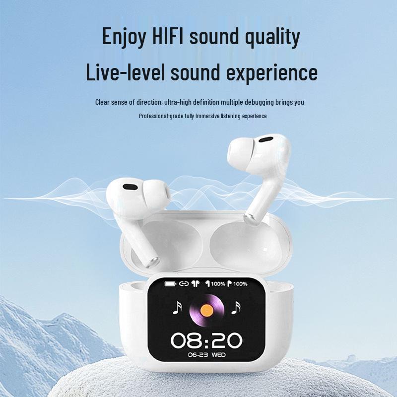 Multilingual AI Bluetooth Earphones with Full-Color Screen and Noise Reduction for Real-Time In-Ear Translation.