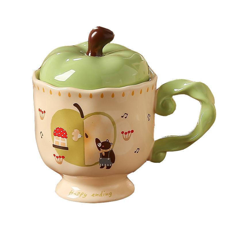 Cute Cartoon Bear Apple Goblet with Lid Cute Ceramic Mug As Gift for Best Friend Water Cup As Souvenir