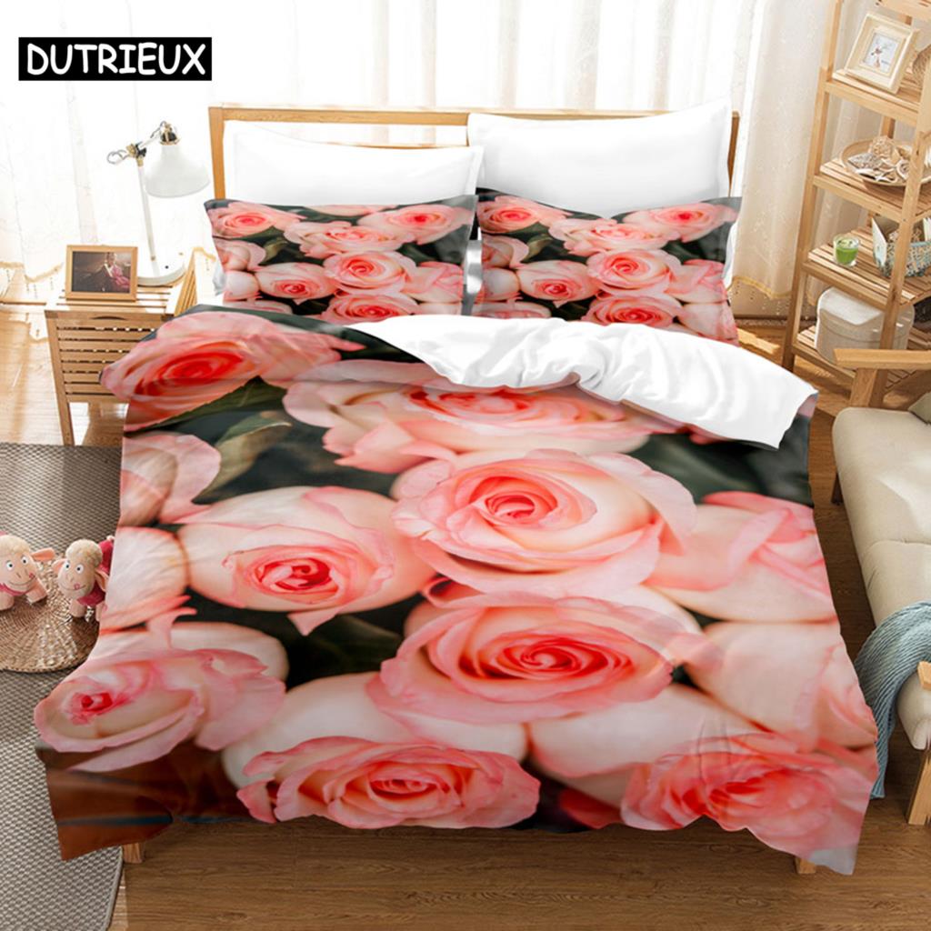 Pink Flower Duvet Cover and Pillowcases Set King Size 220x240 Double Bed Single 3D Queen Bedding Sets Pink Full Twin Quilt Linen