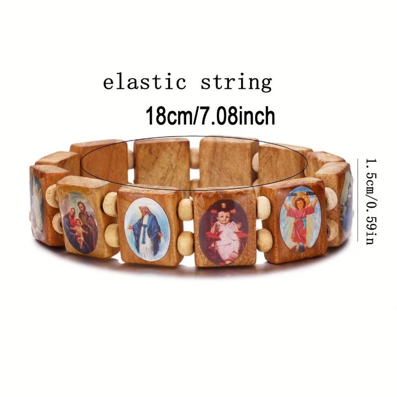 Wooden Rosary Bracelet - Elegant Religious Icon Stickers, Drip Oil Finish, Spiritual Beaded Prayer Jewelry For Devotional Wear