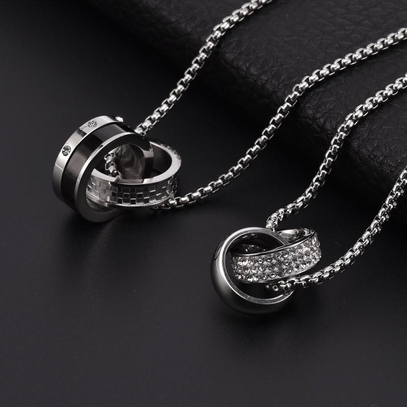 Stainless Steel Double Ring Pendant Necklace Men Hip Hop Style Long Chain With Crystal Charm Geometric Design