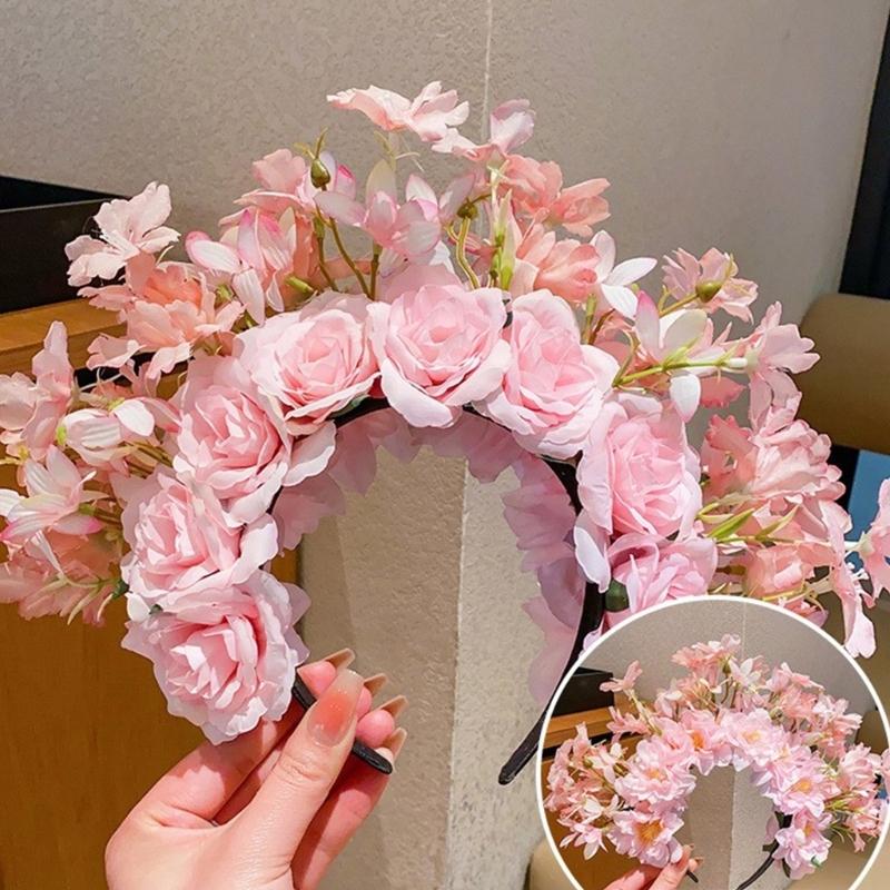 Colorful Flower Headband Double-sided Crown Hair Wreath Wedding Party Costume Headpiece for Bridal Women Hair Accessory
