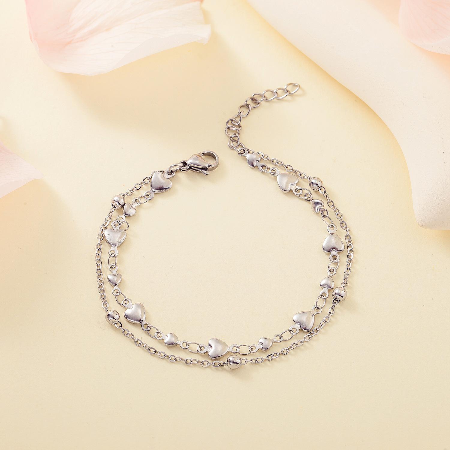 

Women Sweet Heart Bracelet Stainless Steel Gold Color Double Layer Beads Chain Waterproof Zircon Christmas Gifts 17-20 cm