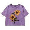 Retro Floral Printing Women Washed Short Clothing Breathable T-Shirt Street Fashion Tops Midriff-Baring O-Neck Tshirt