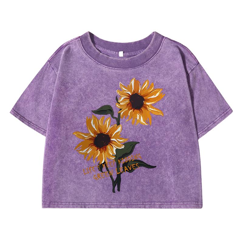 Retro Floral Printing Women Washed Short Clothing Breathable T-Shirt Street Fashion Tops Midriff-Baring O-Neck Tshirt
