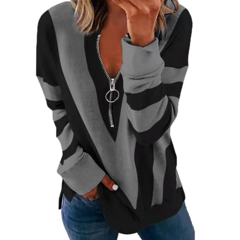 Women's Color Block Half Zip Long Sleeve Top Casual Printed V Neck Sweatshirt