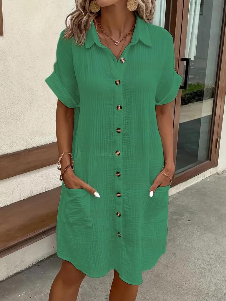 2024 Hot Seller: Summer V-Neck Button Cotton Linen Shirt Dress for Women