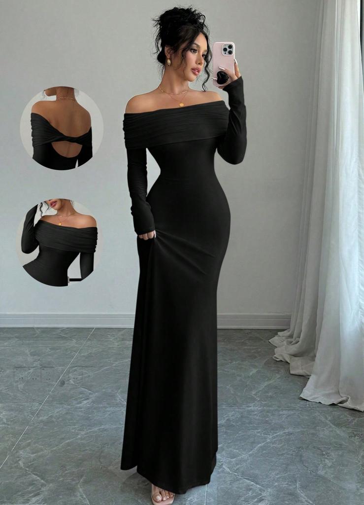 Women's Off-the-shoulder Pleated Tight-fitting Elegant Hip-wrapped Long Evening Dress Dress Women's Long-sleeved Skirt Women's Summer