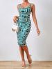 European and American spring and summer new retro slim pattern sleeveless temperament elegant dress