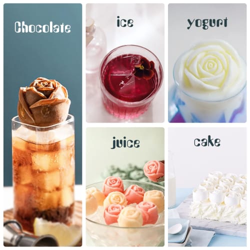 Mikiwon 2-inch Rose Ice Cube Tray with Cover, 3-Cavity Silicone Rose Ice Tray & 3 Diamond Ice Ball Maker, Easy-Release Large Ice Cube Formers for Chil