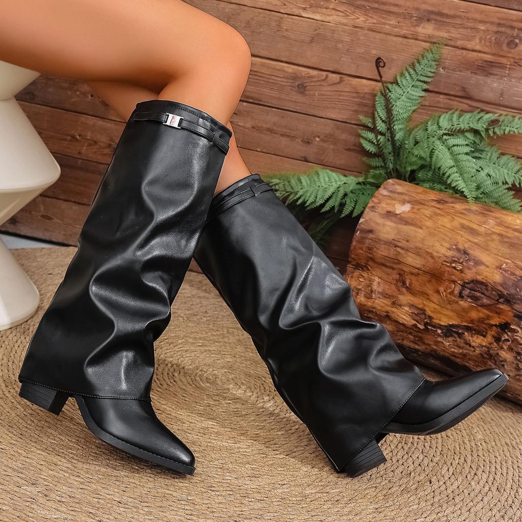 Damenmode-Stiefel mit hohen Absätzen 2025 Herbst Cross-Border Dicke Absätze Übergröße Britischer Stil High-Top Hosenstiefel