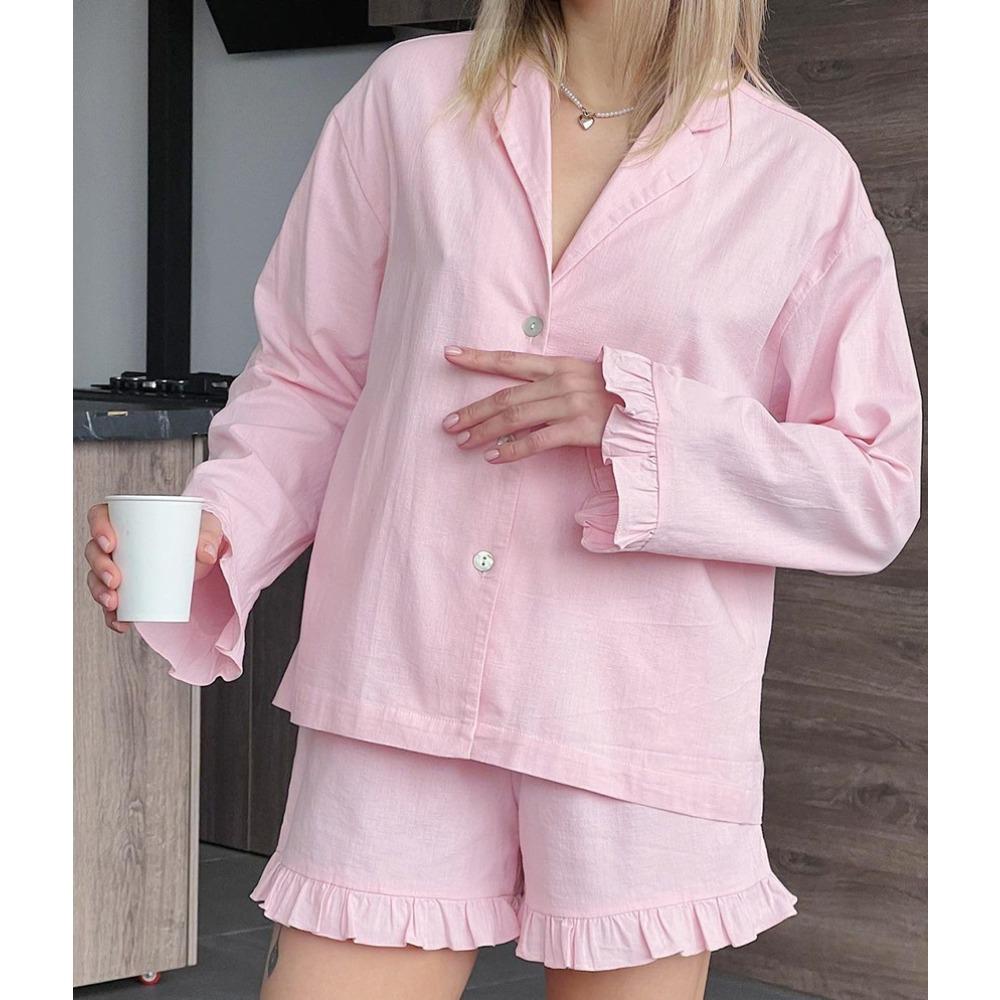 

Europe, America, spring sweet pink cotton two-piece set loose long-sleeved cardigan shorts women s out loungewear L рожевий