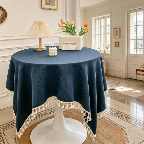 Tovaglia in Cotone e Lino con Bordi Frangiati, Tovaglia Monocolore Lavabile con Nappe, Copritavola Rotondo per Cucina Sala da Pranzo