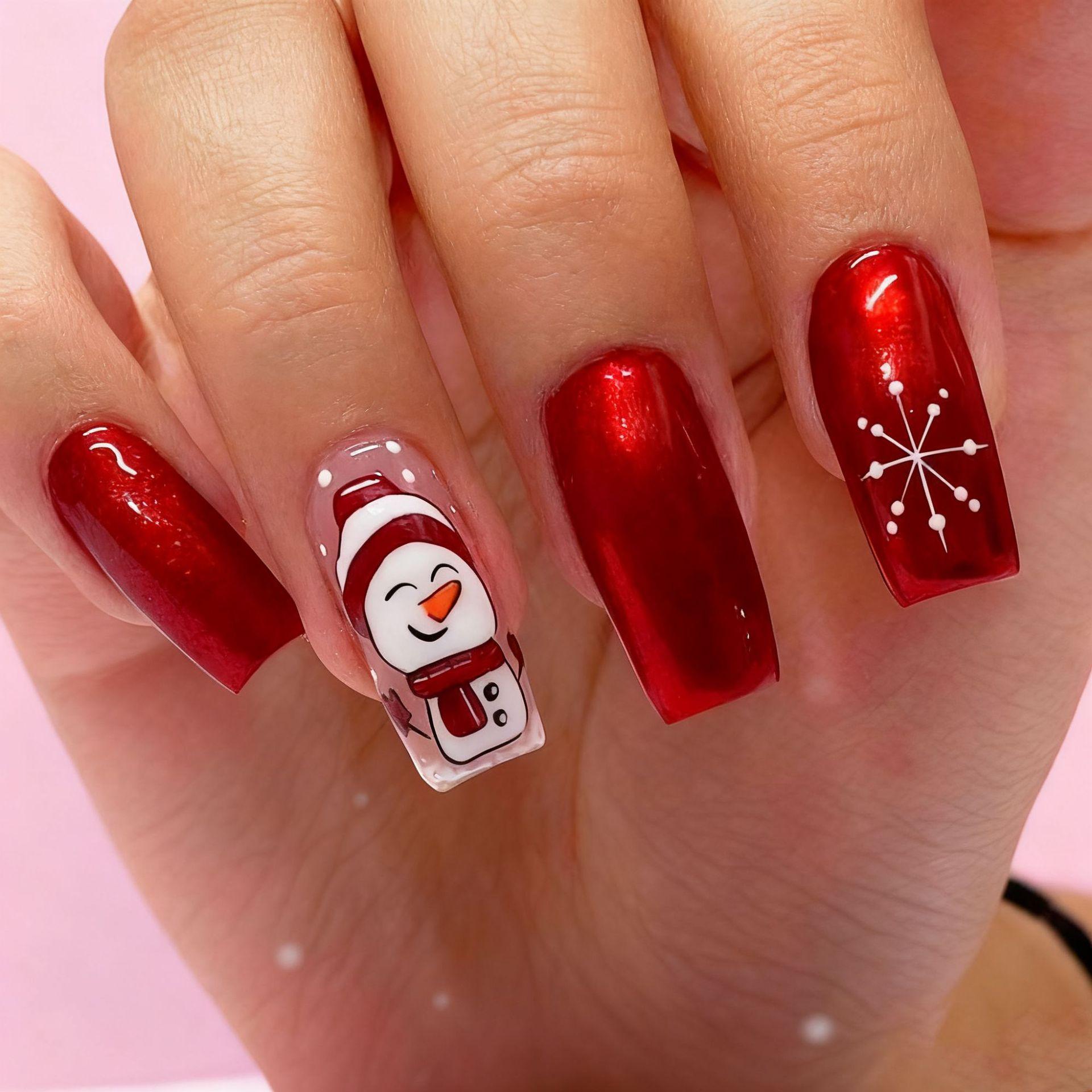 Christmas 24 pieces hot-selling manicure cute snowman white snowflake long square wearing nail piece Free jelly glue + rubbing strips