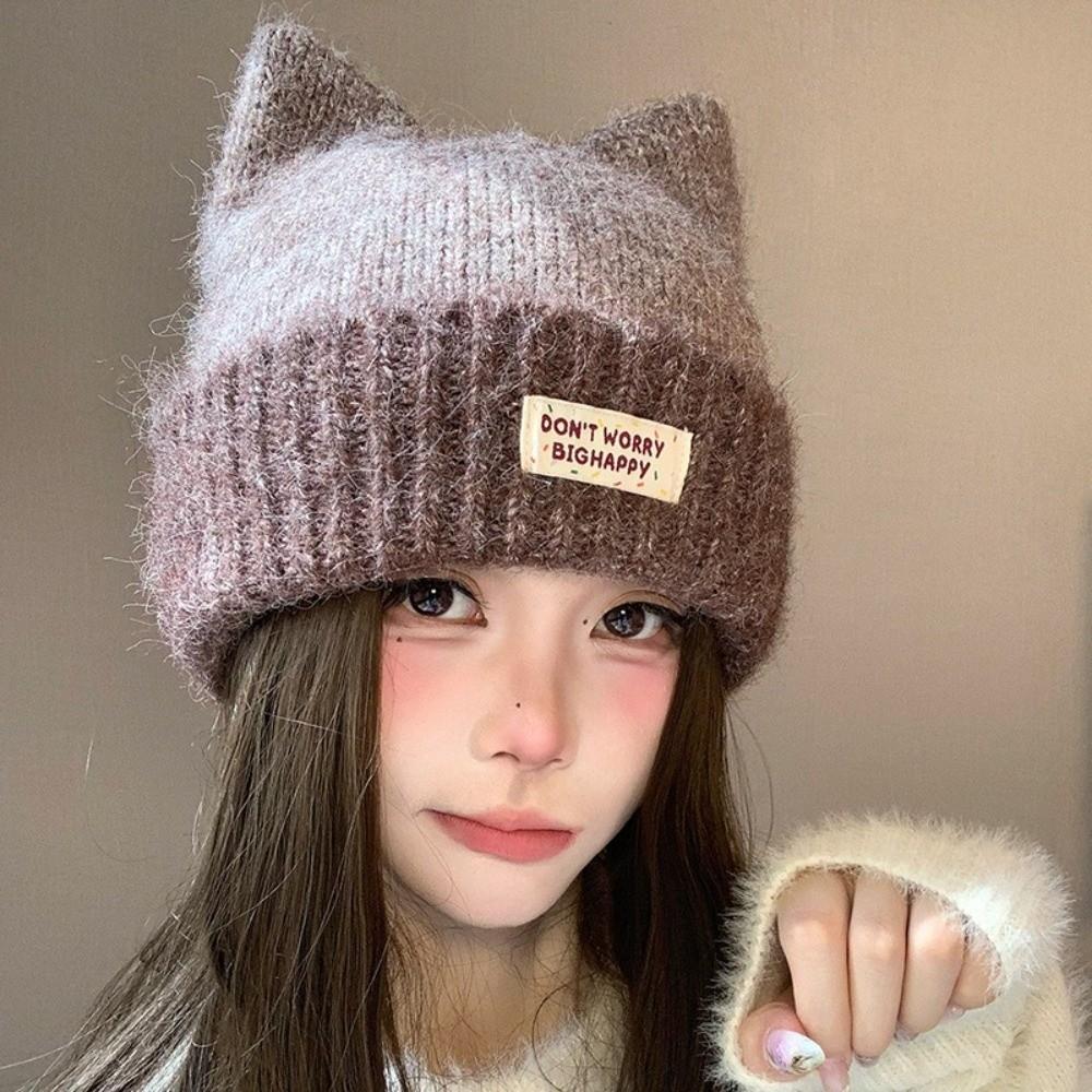 56-58cm Fleece Lined Knitted Hat Polyester Earflap Hat Casual Cat Ear Beanie For Students