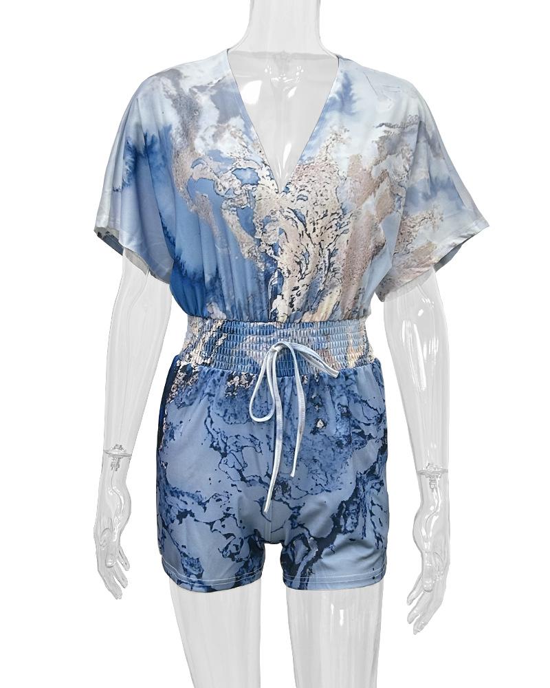 2024 Summer European & American Women's V-Neck Tie Short Sleeve Jumpsuit