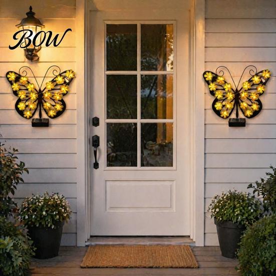 Outdoor Solar Butterfly Sculpture 2Pcs Lights Metal Wall Decor, IP65 Waterproof Hanging Lights, Art for Garden Fence Patio Porch Yard Balcony