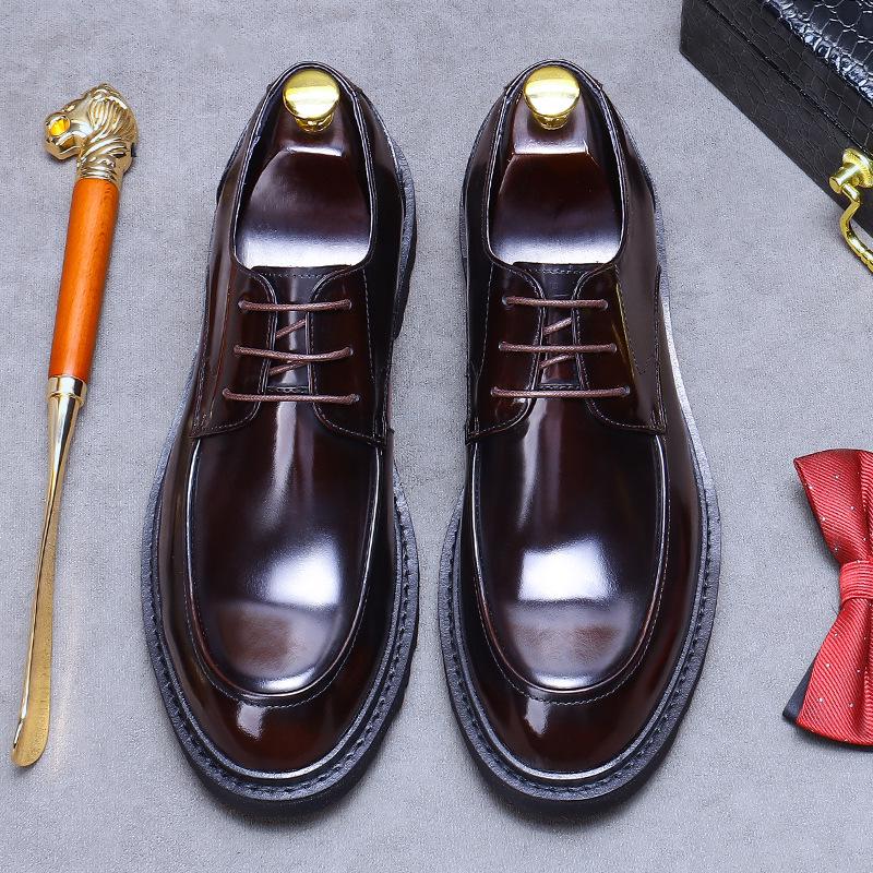 Genuine Leather Lace-Up Derby Shoes for Men - Formal Bright Leather Footwear