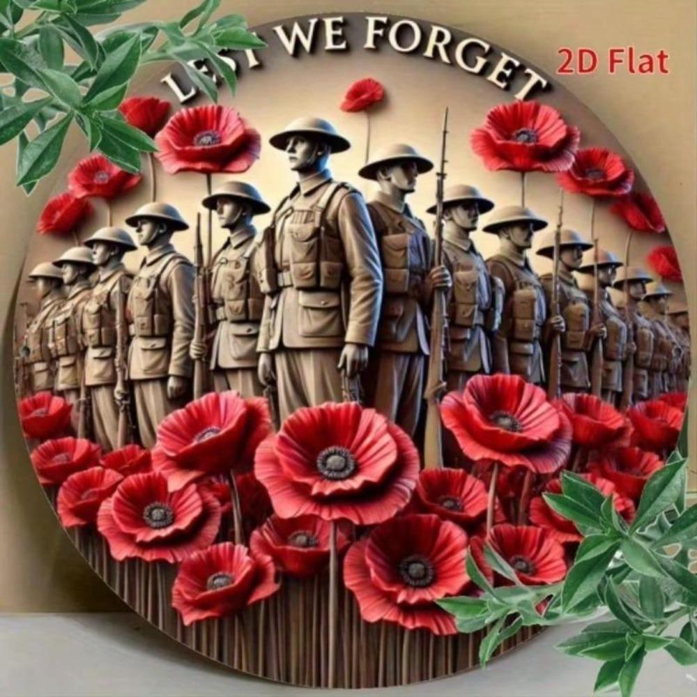 Vintage Military Memorial Metal Wall Art Plaque Red Poppy Flower Home Decor 8x8 Inch