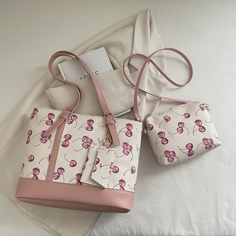 Einfaches Kirsch 3er Set Schultertaschen für Damen Große Kapazität Damen Pu Umhängetasche Tragbare Damen Einkaufstasche Handtaschen