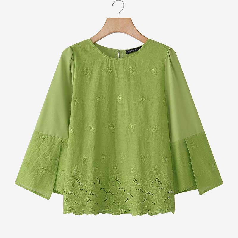 

ZANZEA Женская повседневная блузка с круглым вырезом, вышивкой, крючком, свободного кроя, с длинным рукавом 5XL зелёный