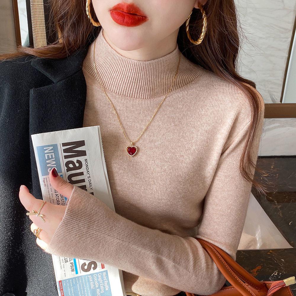 Women's Long-Sleeve Half-High Neck Base Layer Sweater for Spring and Autumn - Versatile Thin Knit Top for Inner Wear, Slim-Fit and Slimming