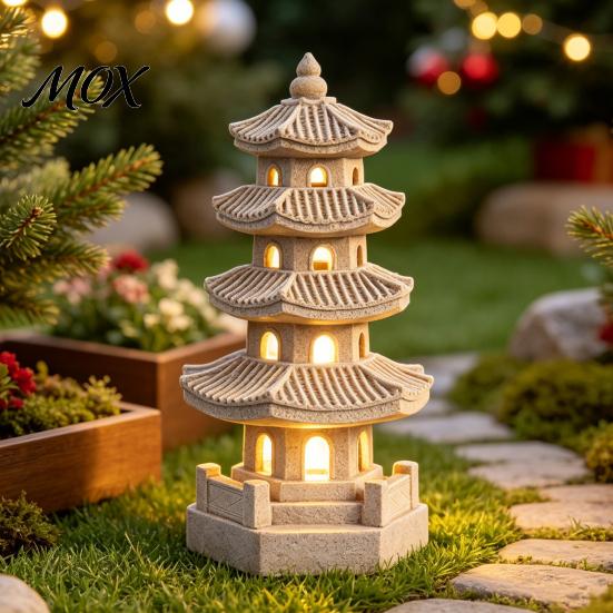 Escultura Decorativa de Arte para Césped, Pagoda Solar, Estatua de Jardín, Adorno Exterior de Resina de 3/4 Capas, Figura LED para Patio Trasero, Adorno Alimentado por Energía para Paisaje