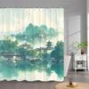 1Pc Serene Lakeside Pagoda Bath Curtain - Watercolor Chinese Architecture With Misty Hills, Reflective Water & Flying Birds