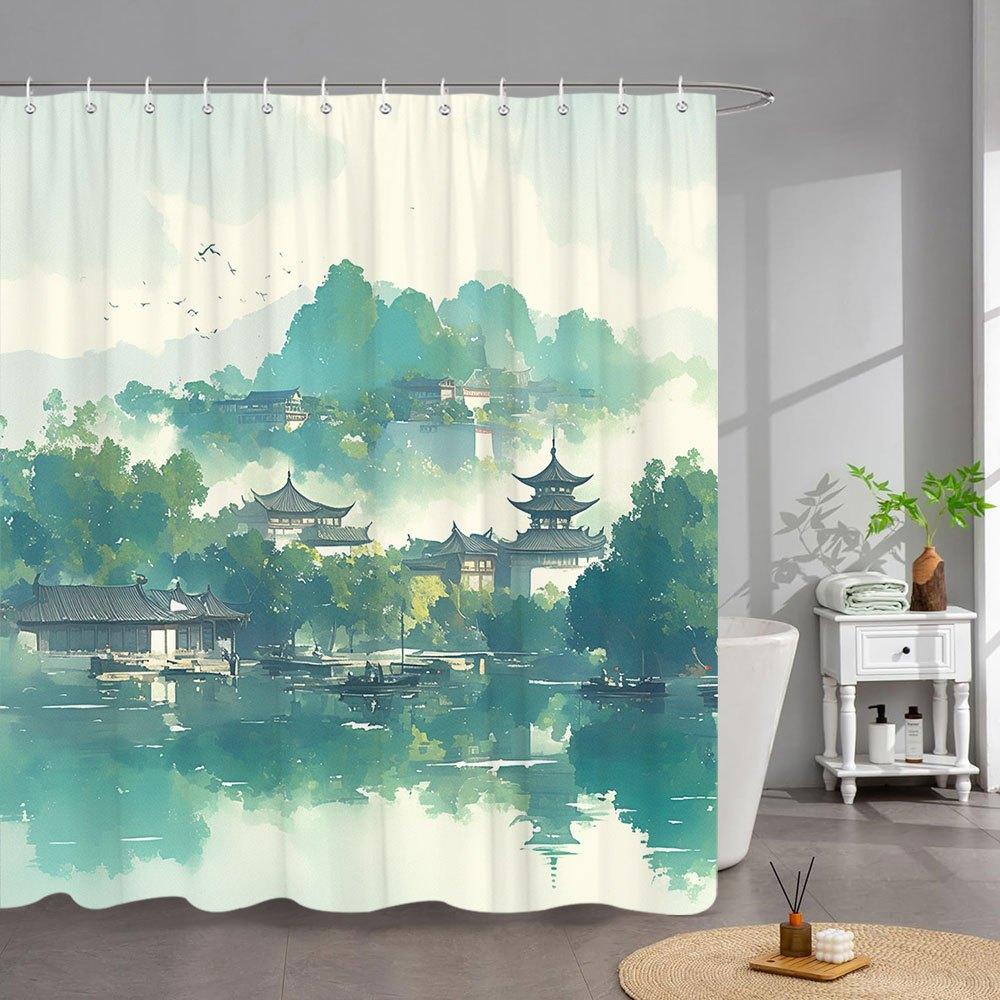 1Pc Serene Lakeside Pagoda Bath Curtain - Watercolor Chinese Architecture With Misty Hills, Reflective Water & Flying Birds
