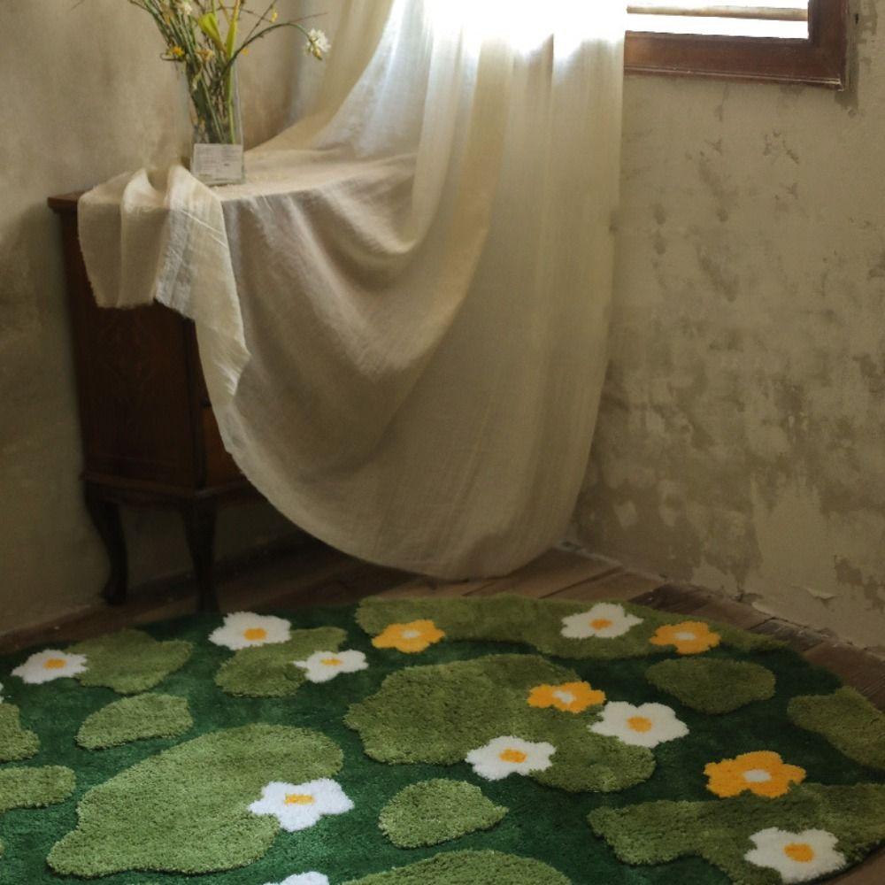 Green Moss Floral Mat Flocking Bedside Rugs  For Living Room Bedroom Home Decoration