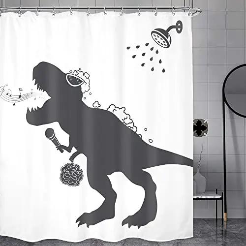 

Динозавр Смешной Дино Детские Шторки для Душа Набор для Ванной Комнаты Мальчики Животное Тень Девочки Мультяшный Силуэт Черно-Белое Искусство Декор для Ванной Комнаты 90x180cm-35x70in