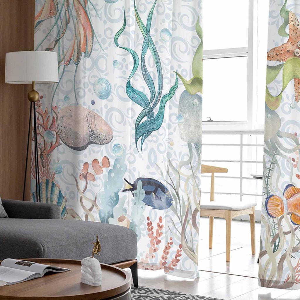 Summer Watercolor Ocean Navigation Voile Sheer Curtains Living Room Window Tulle Curtain Kitchen Bedroom Drapes Home Decor