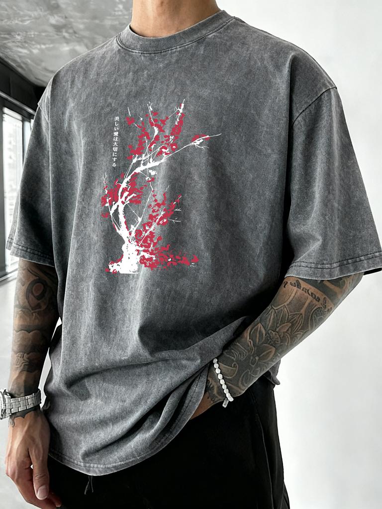 Japanese Harajuku Cherry Blossom Pattern Men Washed T Shirt Casual Soft TShirt ONeck Loose Short Sleeve Beach Cotton Clothes
