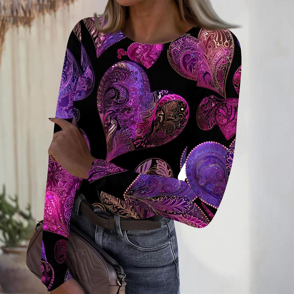 Haut côtelé décontracté et tendance pour femme, à col rond et manches longues, avec imprimé Saint-Valentin.