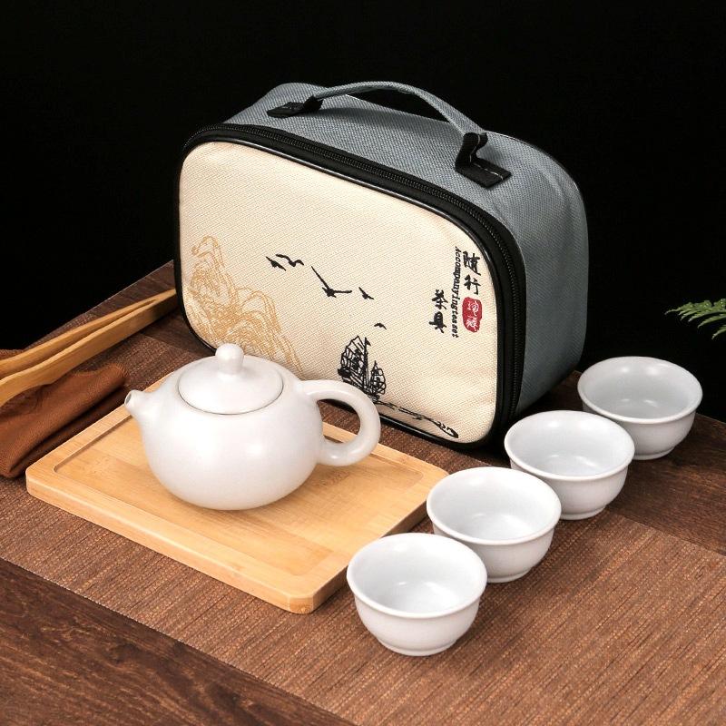 Travel Tea Set Retro Outdoor Portable Kung Fu Ceramics One Pot Four Cups with Tea Tray Company Gifts Cheap