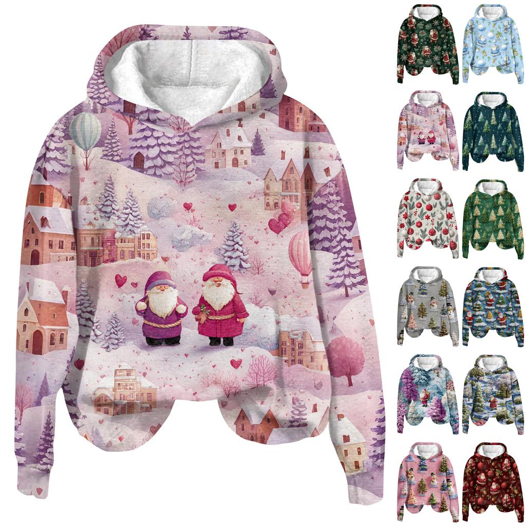 Women's Fashion Long Sleeve Christmas Print Loose Hooded Sweatshirt Top