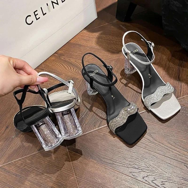 Schuhe für Damen 2025 Neue Sommer Schnallenriemen Absatz Damen Sandalen Mode Vielseitig Peeptoe Strass Eckige Zehenpartie Kleidsandalen